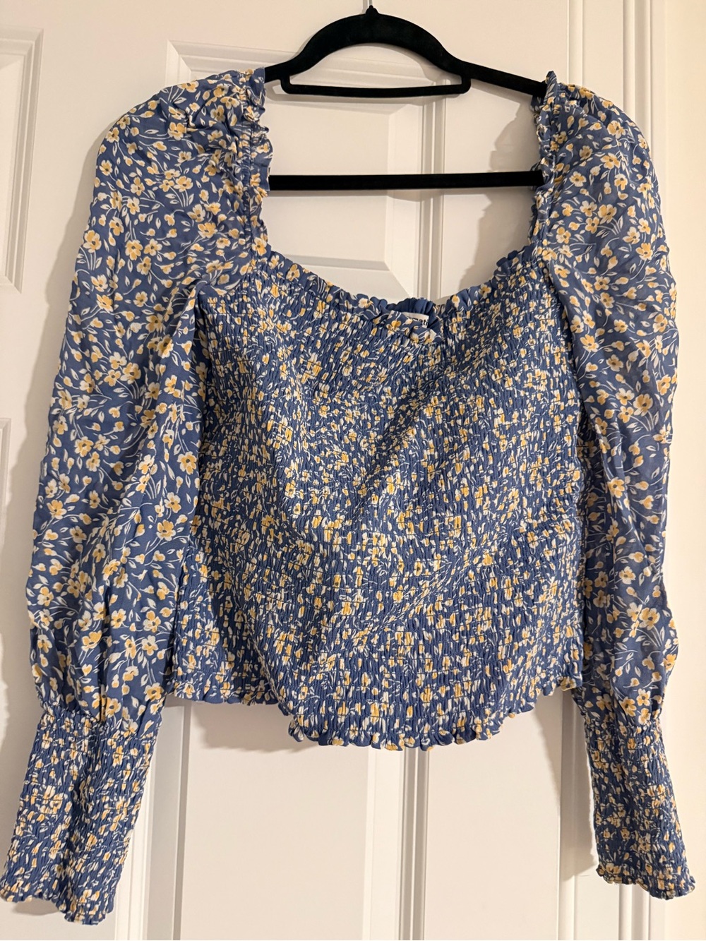 Reformation Blue Floral Smocked Peasant Blouse